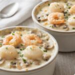Cassolette de la Mer aux Saint-Jacques, Champignons et Crevettes, sauce crémeuse au vin blanc