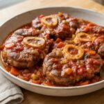 Osso buco de veau à l’italienne, sauce tomate mijotée aux carottes et céleri